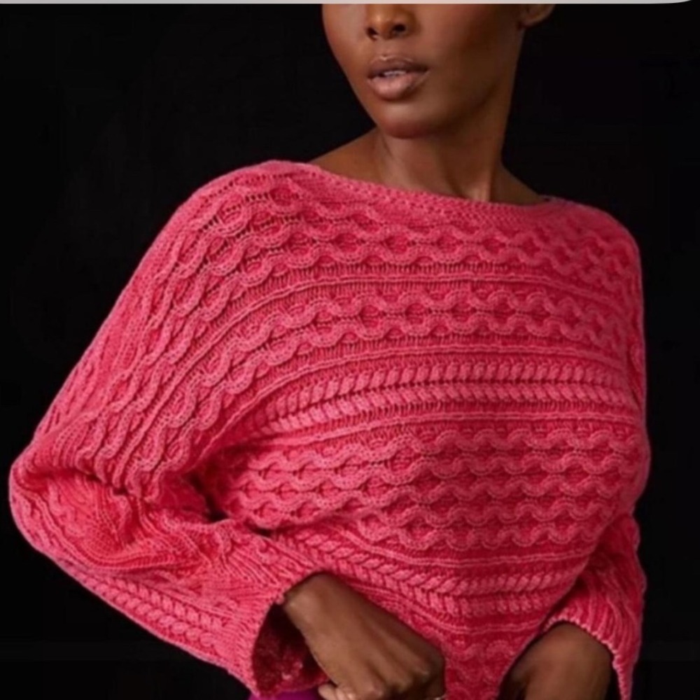 PILCRO Women's PinkMicro Fisherman Cable Knit Cropped Sweater Size S 100% Cotton